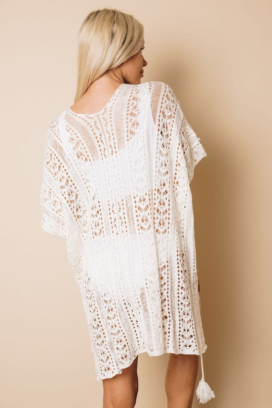 Crochet Knitted Tassel Tie Kimono Beachwear