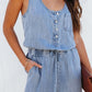 Pocketed Half Button Sleeveless Denim Jumpsuit