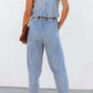 Pocketed Half Button Sleeveless Denim Jumpsuit