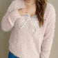 Bow Pearl Detail V-Neck Long Sleeve Sweater