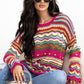 Openwork Contrast Round Neck Flare Sleeve Knit Top