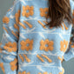 Flower Contrast Round Neck Long Sleeve Sweater