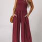 Smocked Square Neck Wide Leg Jumpsuit with Pockets