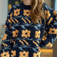 Flower Contrast Round Neck Long Sleeve Sweater