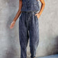 Pocketed Half Button Sleeveless Denim Jumpsuit