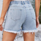 Distressed Pearl Trim Denim Shorts with Pockets