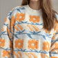 Flower Contrast Round Neck Long Sleeve Sweater