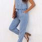 Pocketed Half Button Sleeveless Denim Jumpsuit
