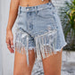 Distressed Pearl Trim Denim Shorts with Pockets