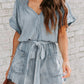 Notched Tie Waist Denim Romper