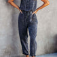 Pocketed Half Button Sleeveless Denim Jumpsuit