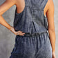 Pocketed Half Button Sleeveless Denim Jumpsuit