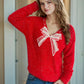 Bow Pearl Detail V-Neck Long Sleeve Sweater