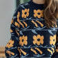 Flower Contrast Round Neck Long Sleeve Sweater