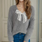 Bow Pearl Detail V-Neck Long Sleeve Sweater