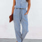 Pocketed Half Button Sleeveless Denim Jumpsuit