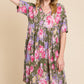 BOMBOM Flower Print V-Neck Ruched Dress