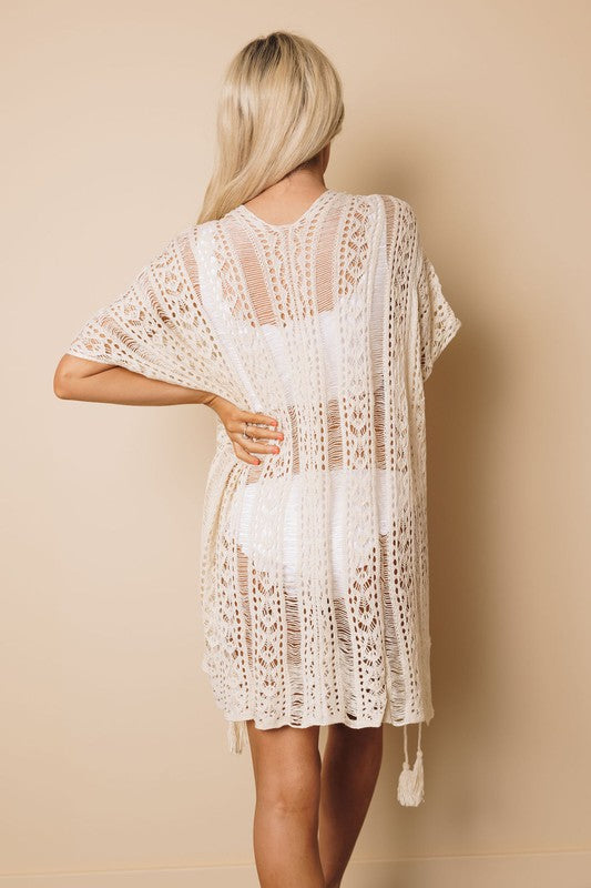 Crochet Knitted Tassel Tie Kimono Beachwear