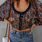 Printed Buttoned Balloon Sleeve Cropped Blouse