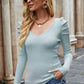 Ribbed V-Neck Puff Sleeve Sweater