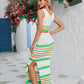 Striped Openwork Cropped Tank and Split Skirt Set