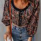 Printed Buttoned Balloon Sleeve Cropped Blouse